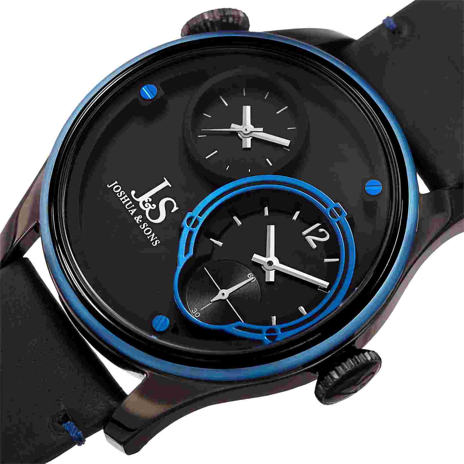 Men's Joshua & Sons JX118BKBU Two Time Zones Small Seconds Leather Strap Watch