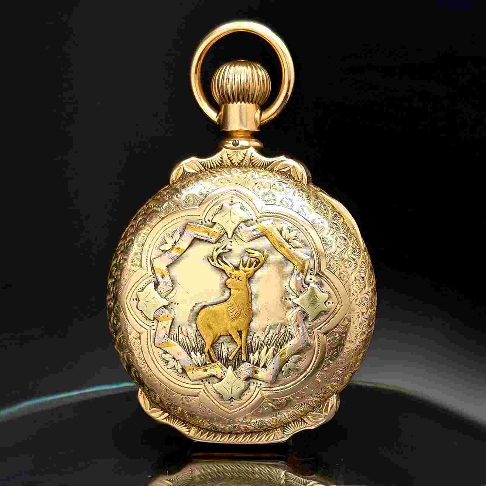 Stag Design 14K Multicolor Gold, 18 Size, Box Hinge Case Waltham Pocket Watch