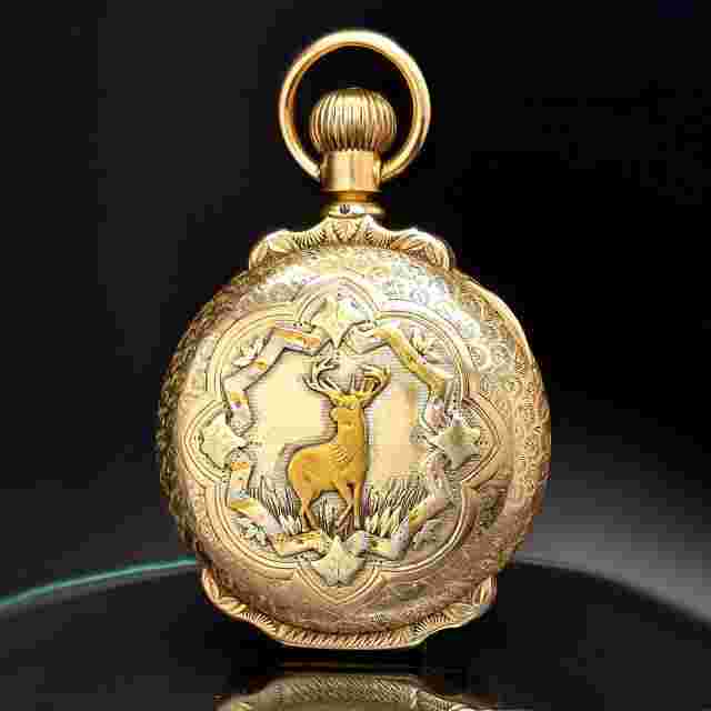 Stag Design 14K Multicolor Gold, 18 Size, Box Hinge Case Waltham Pocket Watch