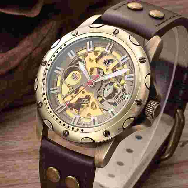 Retro Bronze Tone Skeleton Mechanical Watch Men's Automatic Self Wind Wristwatch