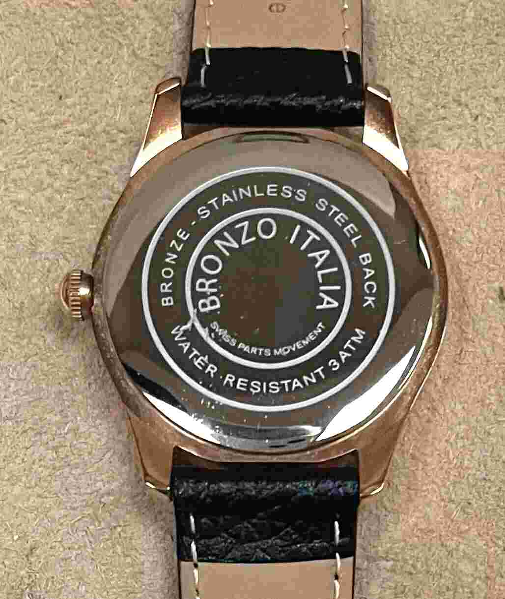 NEW Bronzo Italia Black Spinel Dial Bronze Rose Gold Watch Leather Band