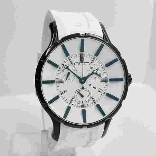 NOA Men's Quartz Chronograph White Dial Black Steel 45mm Swiss Made Watch