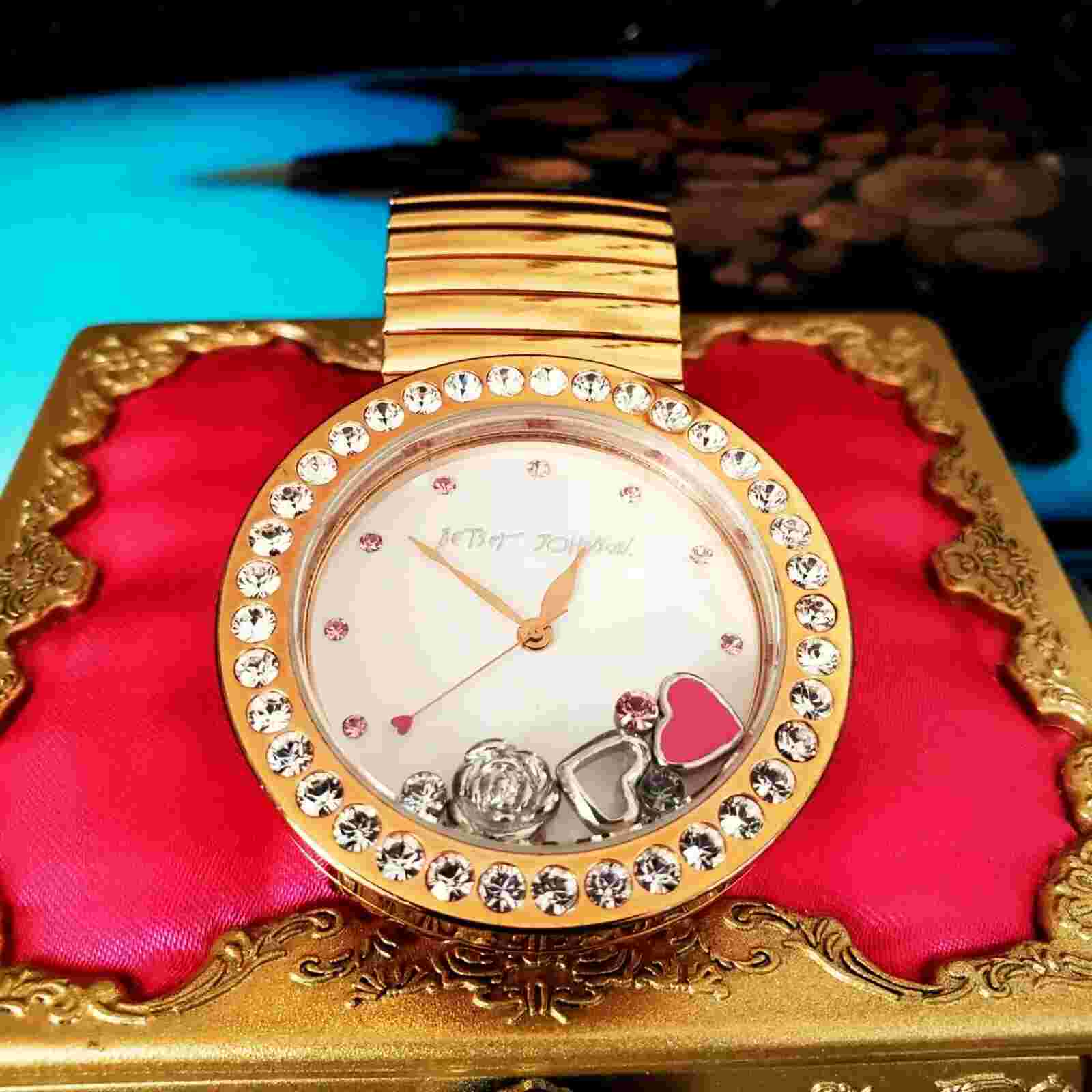 Betsey Johnson Vintage Y2K Rose Pink Heart Floating Charms Crystal Dress Watch