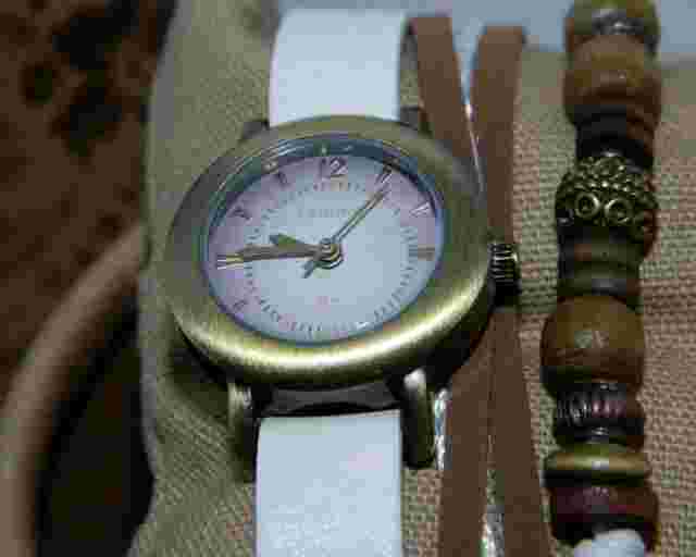 KAHUNA Women's Bronze finish Lilac Dial 50 Meter White /Brown/Beaded Strap Watch