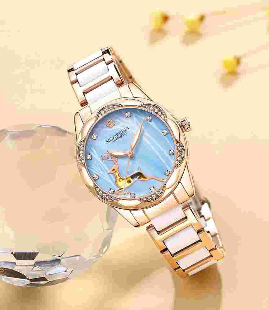 New Women Mechanical Ceramic Crystal Petal Shape Automatic Watch Bangle Gift Set