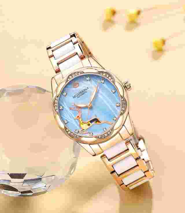 New Women Mechanical Ceramic Crystal Petal Shape Automatic Watch Bangle Gift Set