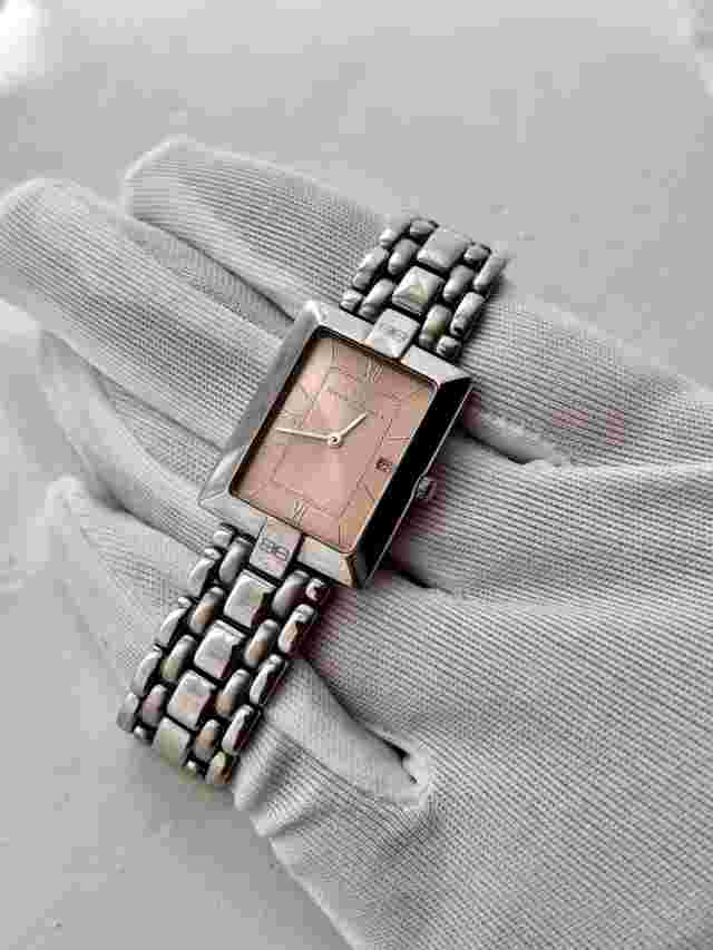 Balenciaga Paris Tank Watch Salmon Pink Dial  Date Butterfly Clasp