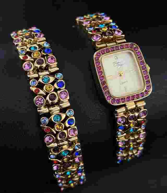 NOS Vintage Suzanne Sommers Bejeweled Gold Tone Bracelet & Watch Set Art Deco