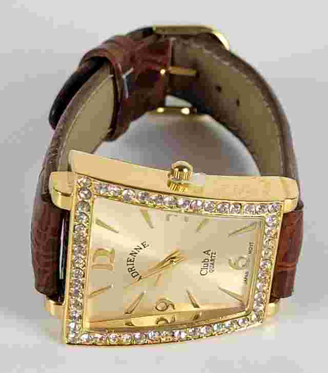 Adrienne Club A Quartz Watch Gold Asymmetrical Crystal Accent Brown Leather Band