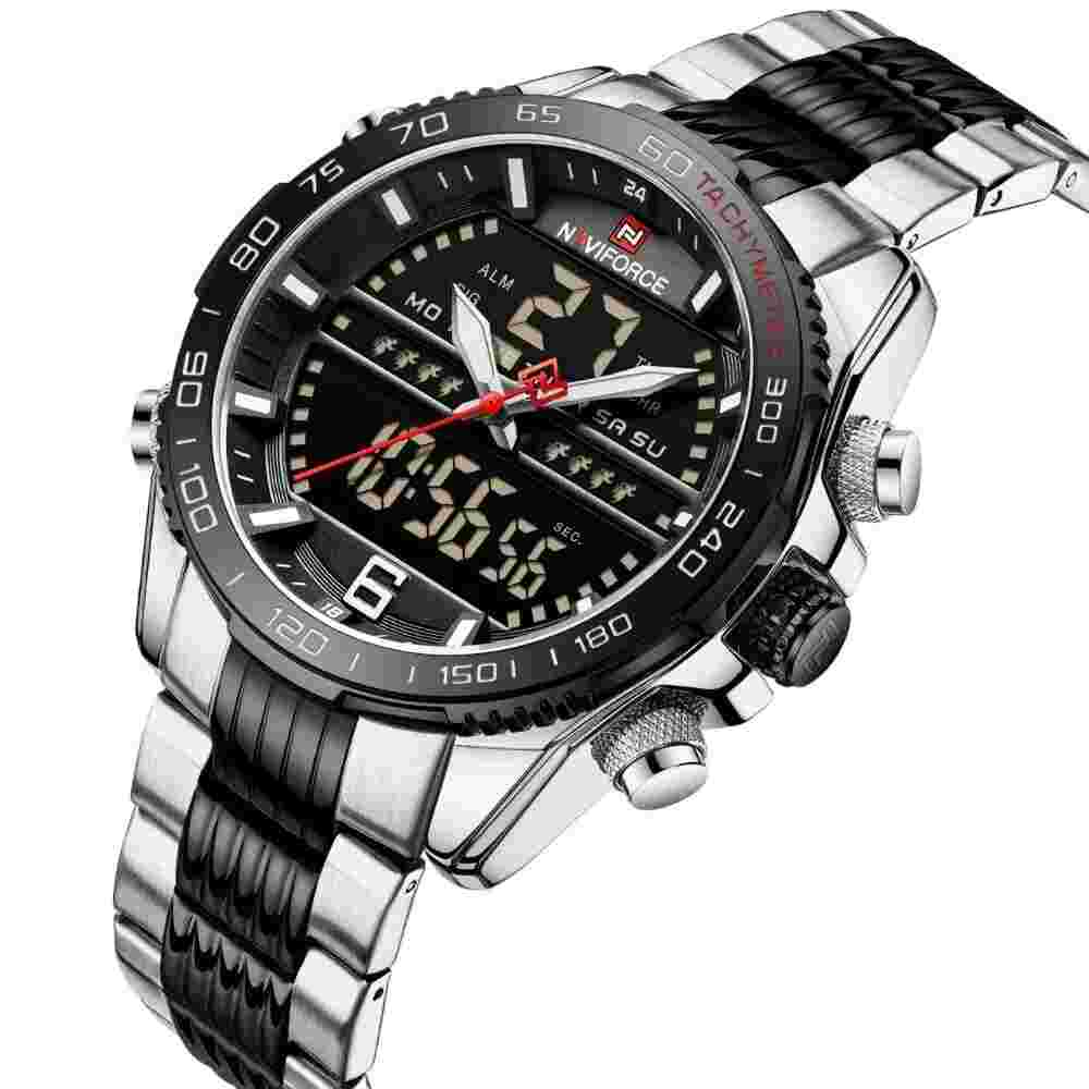 Naviforce Digital Black Dial Silver Stainless Steel Men Watch NF9195S S/B/B