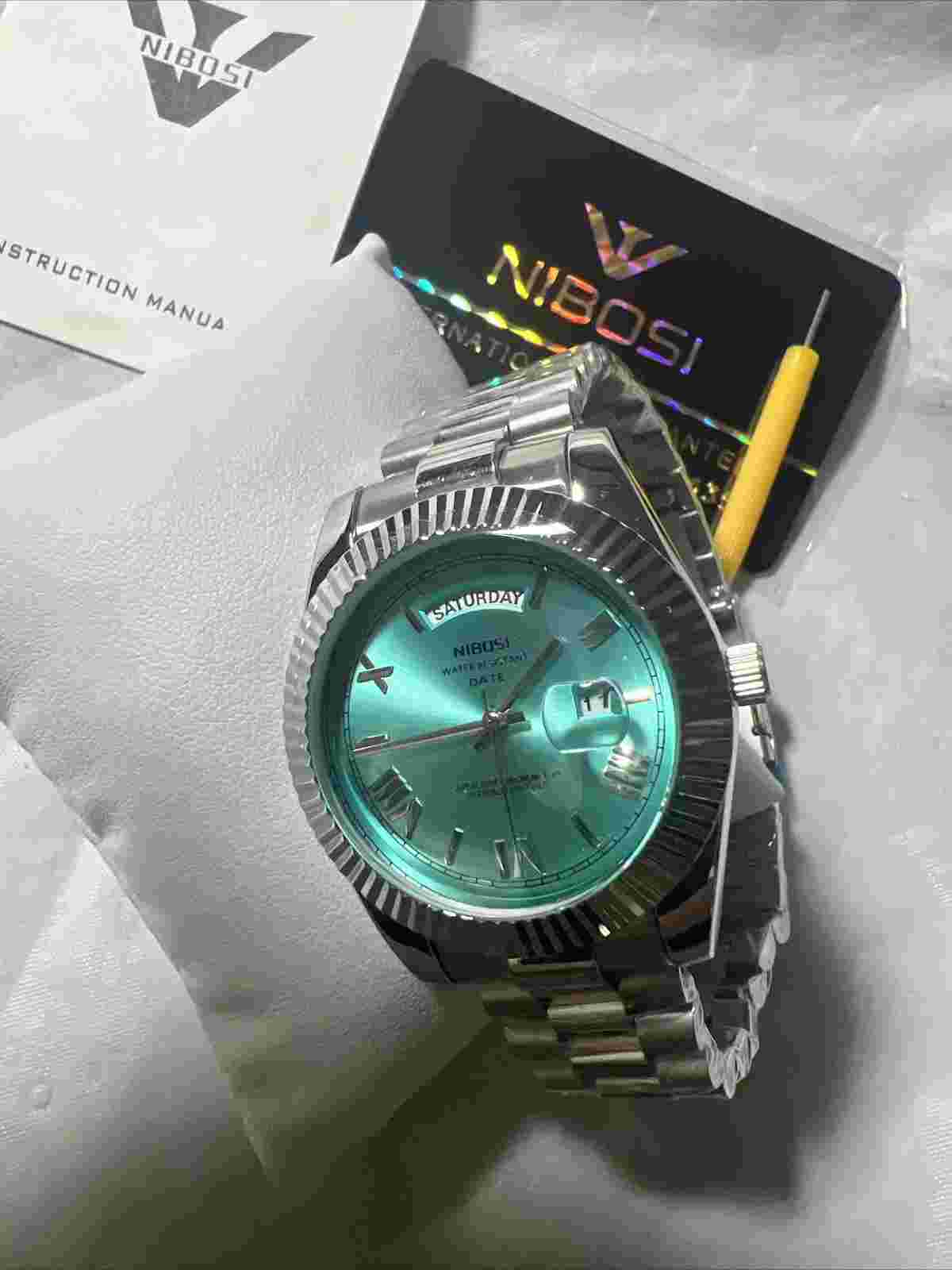 nibosi watch,(Seiko design),sky blue,day,date,Fluted Bezel,40mm Case,WR30M,St/S