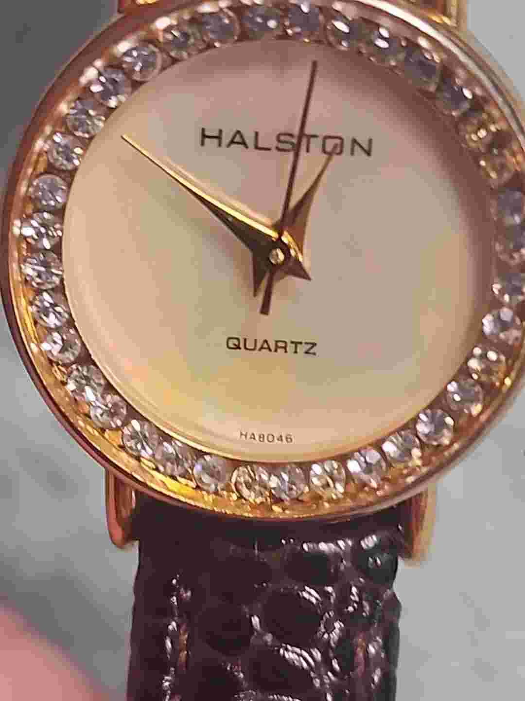 Halston Ladies Watch Mother Of Pearl Style Dial Works New Battery Cz Accents