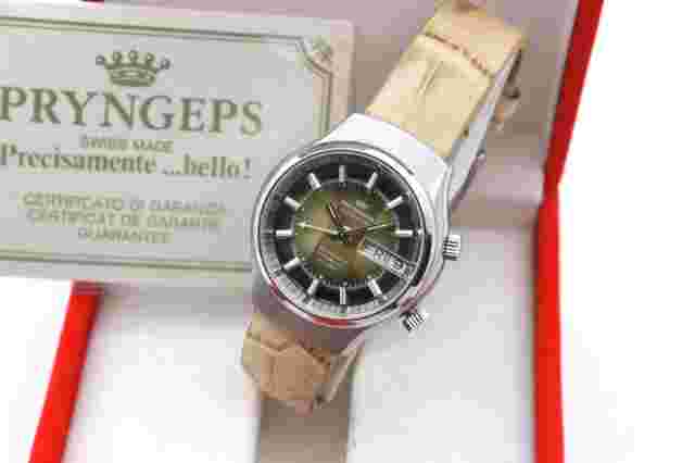 PRYNGEPS Alarm/Svegliarino DAY-DATE AUTOMATIC ETA 2789 -38 mm-Steel-70's-NEW-BOX