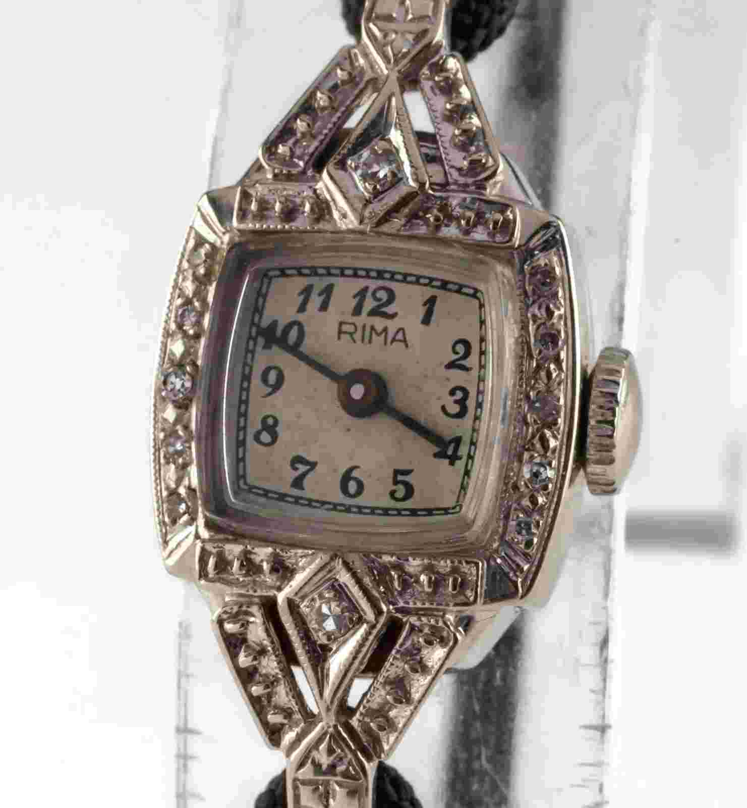 Rima 14k White Gold Diamond Vintage Ladies Dress Watch w/ Cord Band
