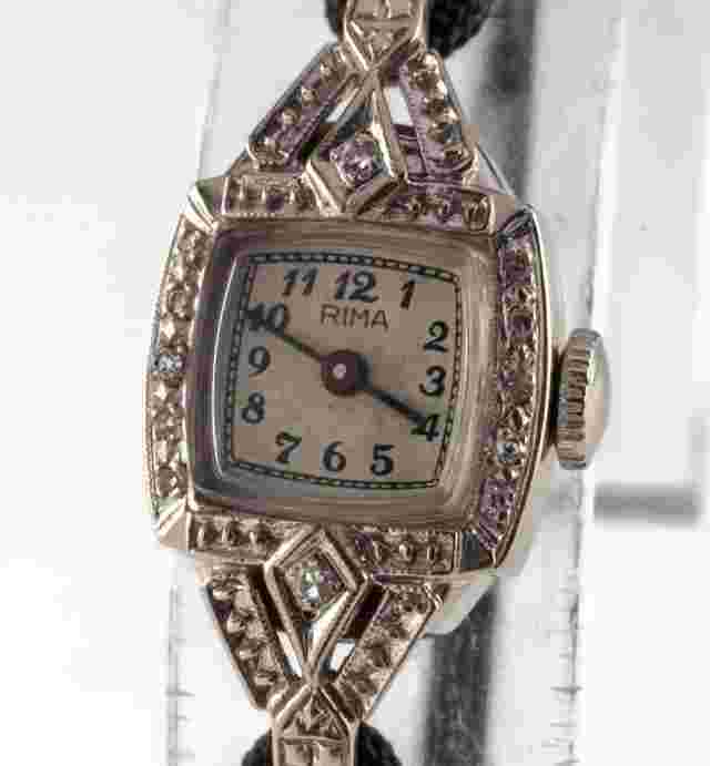 Rima 14k White Gold Diamond Vintage Ladies Dress Watch w/ Cord Band