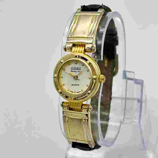Ladies GIOVANNI Beverly Hills Gold Tone Dress/Casual Black Leather Band Watch