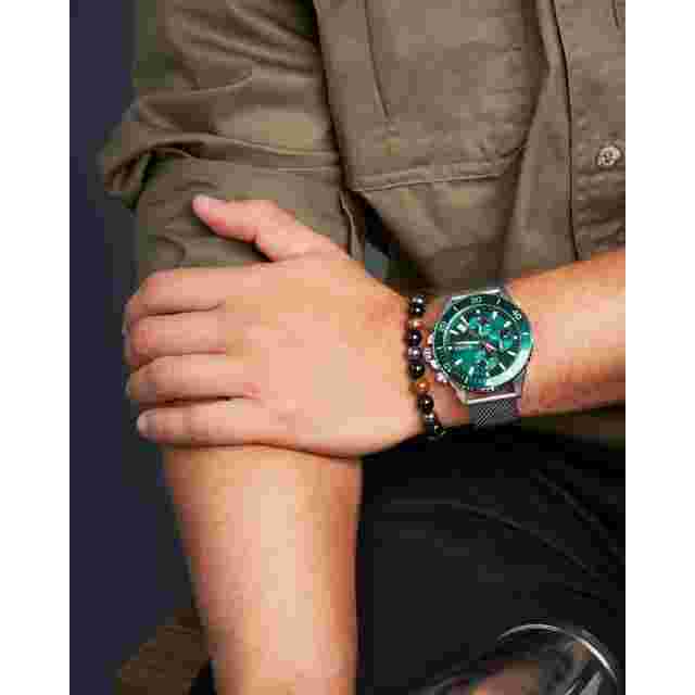 NEW BOSS MENS WATCH GENUINE HB1513905 MESH STRAP SILVER TONE GREEN DIAL