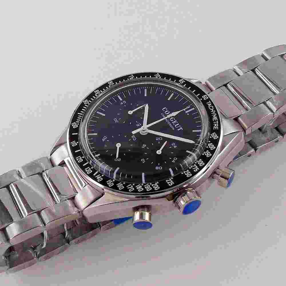 40mm Corgeut Quartz Men's Watch Black Dial Bezel Stop Watches Full Chronograph