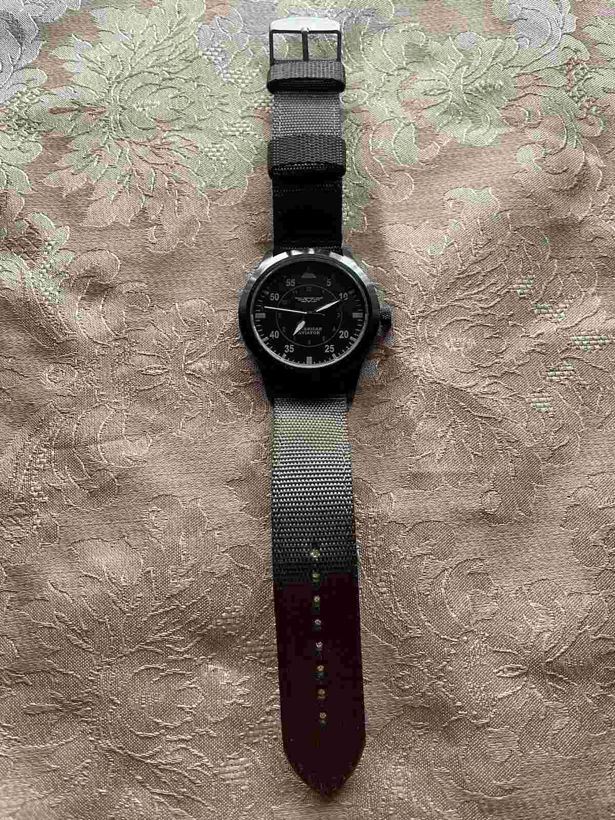 American Aviator 43mm Black Mylar Quartz Watch w/Olive Nylon/Beige Back Band