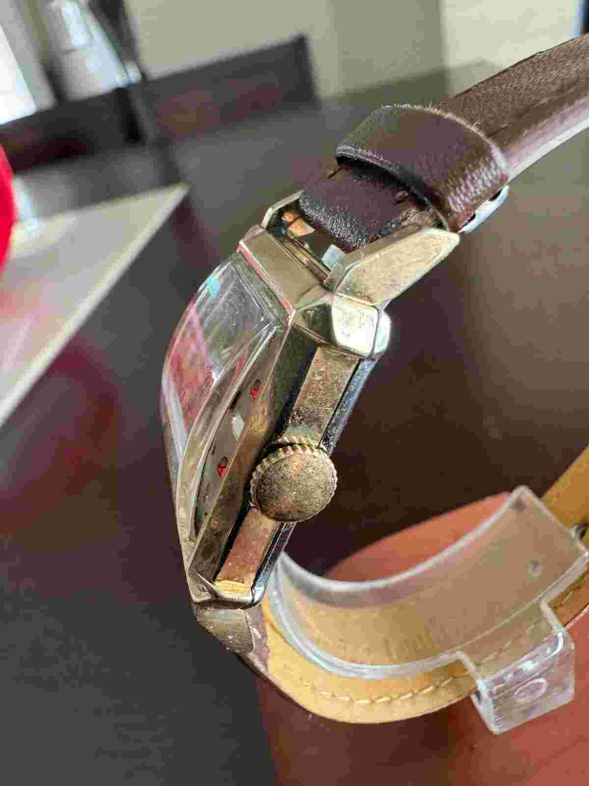 VINTAGE UNISEX CHALET FAUX DIAMOND AND RUBY DIAL WRIST WATCH, KEEPING TIME