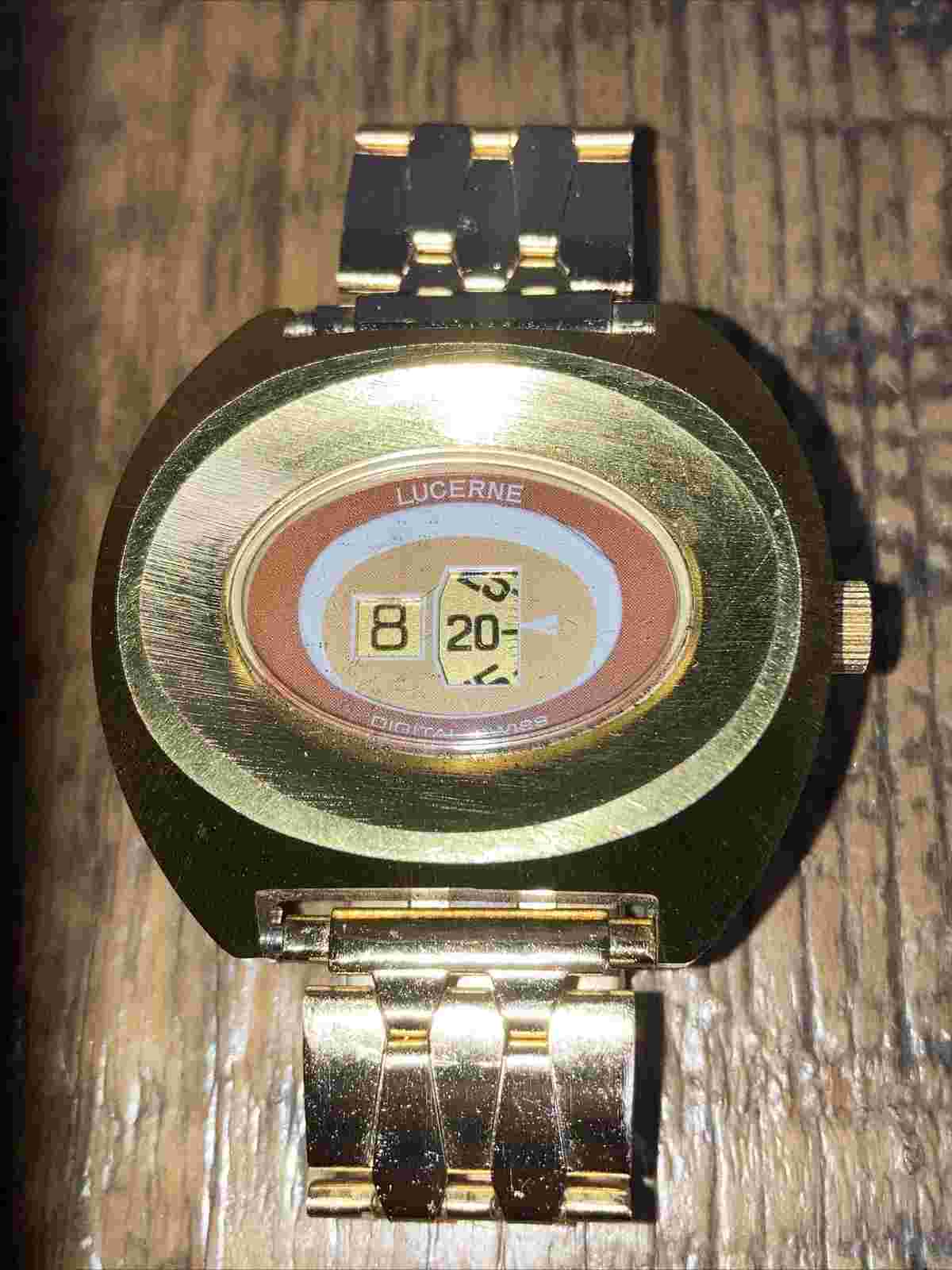 LUCERNE JUMP HOUR VINTAGE WATCH Digital SWISS RUNS MENS RARE Gold Brushed