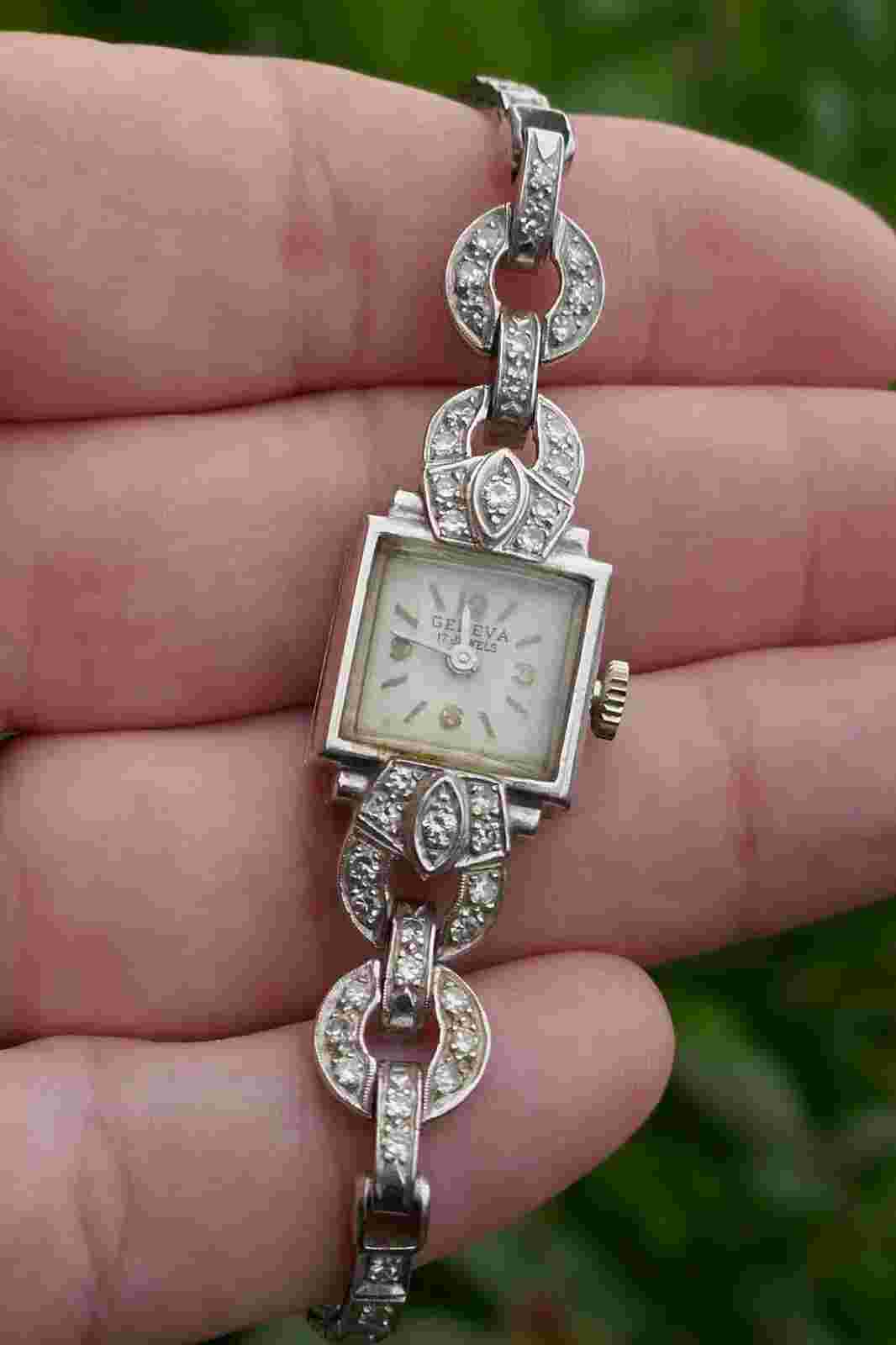 Vintage Geneva Platinum & Diamond 1 Jewel Ladies Wrist Watch - 6.5" Long