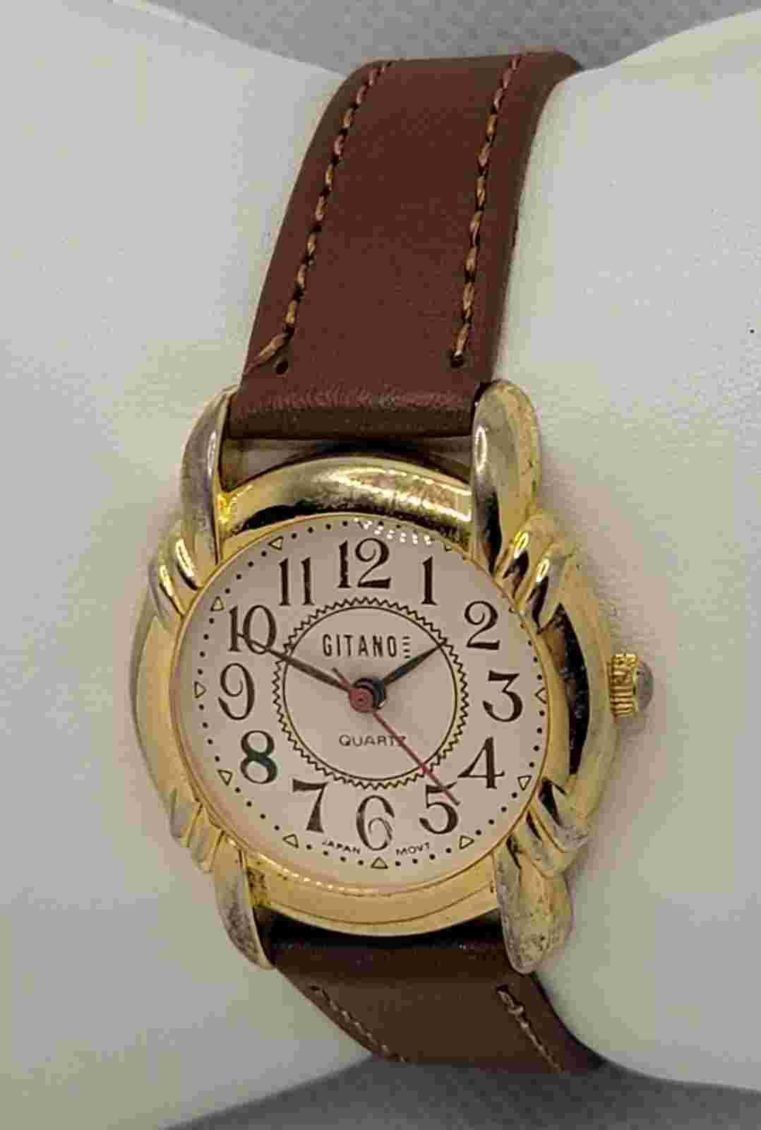 Ladies Gitano Round Gold Tone Case White Dial Brown Leather Strap Watch L9