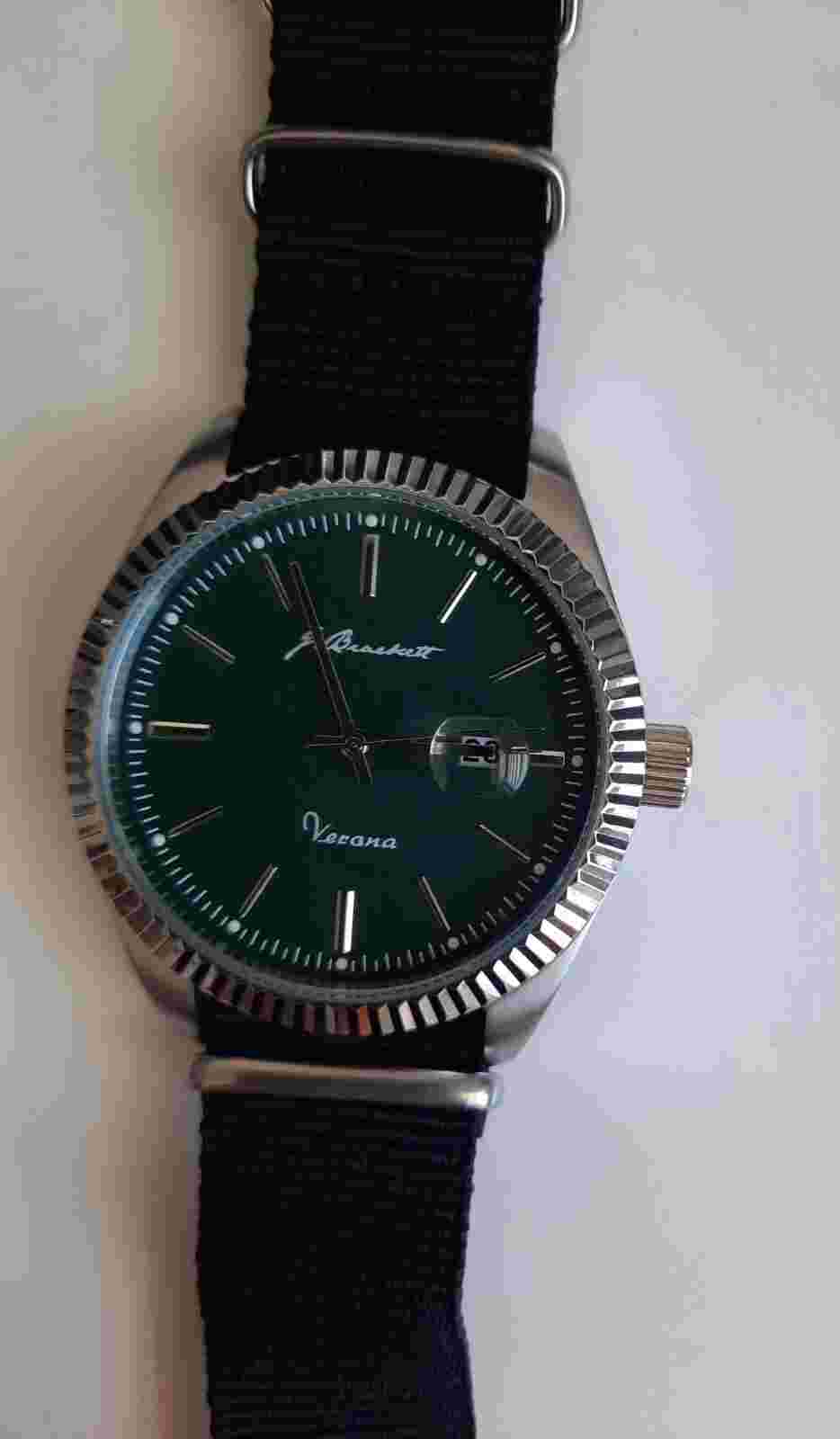 J. Brackett Verona Quartz 43 mm Case Green Dial w After Market Black Nylon Strap