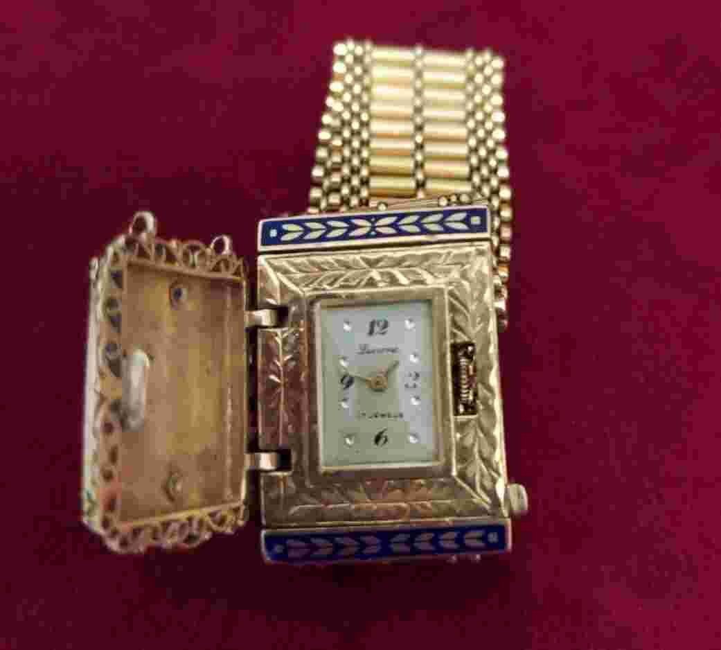 VINTAGE LUCERNE 14K YELLOW GOLD ENAMEL PEARL MESH LADIE'S WATCH, DIAMOND ACCENTS
