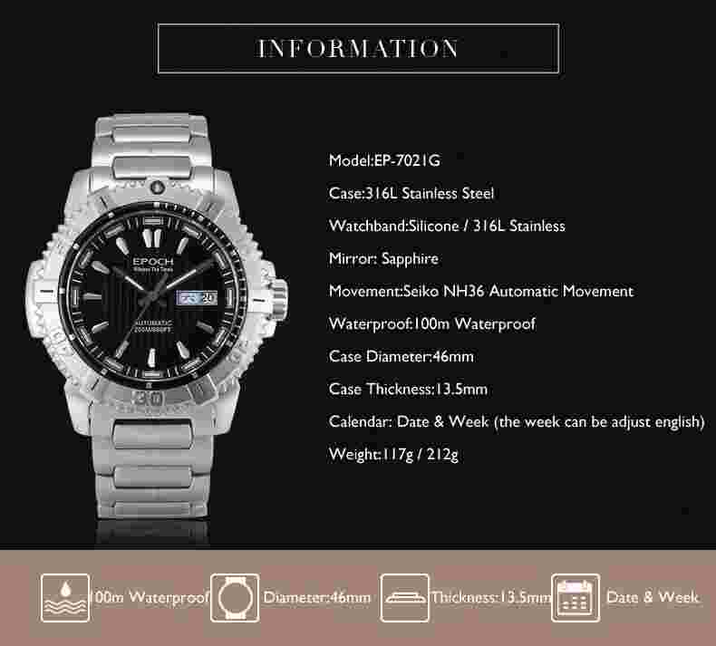 EPOCH Men Military Watch Sport Automatic Mechanical Watches Luminous 20ATM NH36