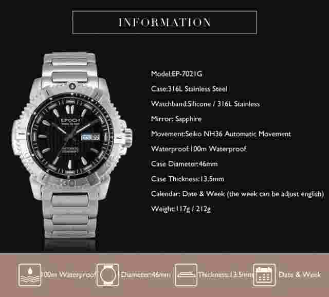 EPOCH Men Military Watch Sport Automatic Mechanical Watches Luminous 20ATM NH36