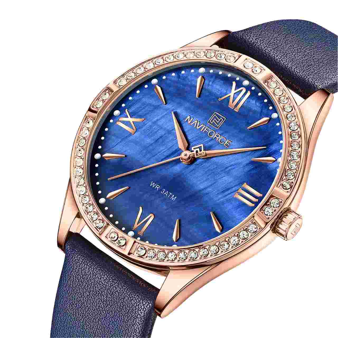 Naviforce Blue Dial Leather Strap Women Watch NF5038 RG/D.BE
