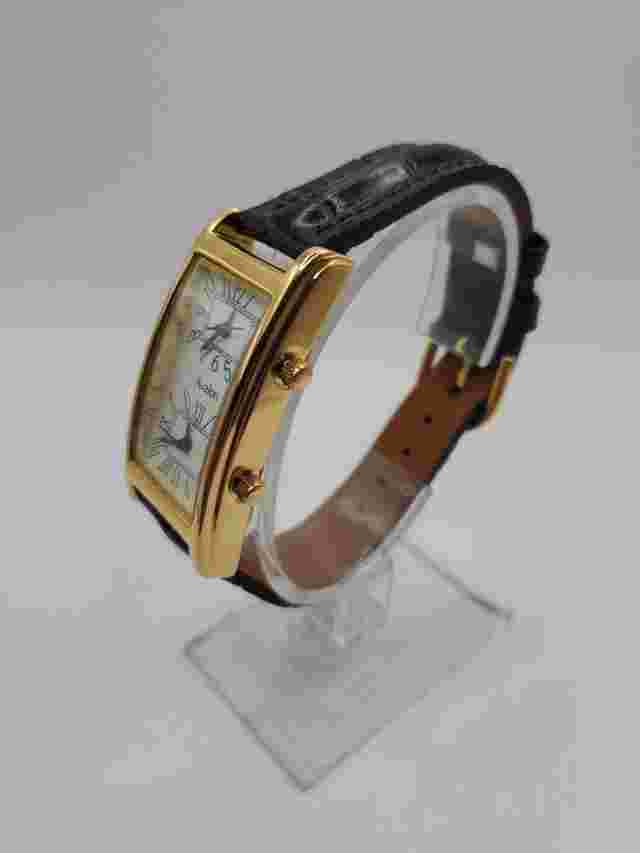 Avalon Ladies Dual Dial Quartz Watch 22mm Rectangle Gold Tone Black Leather