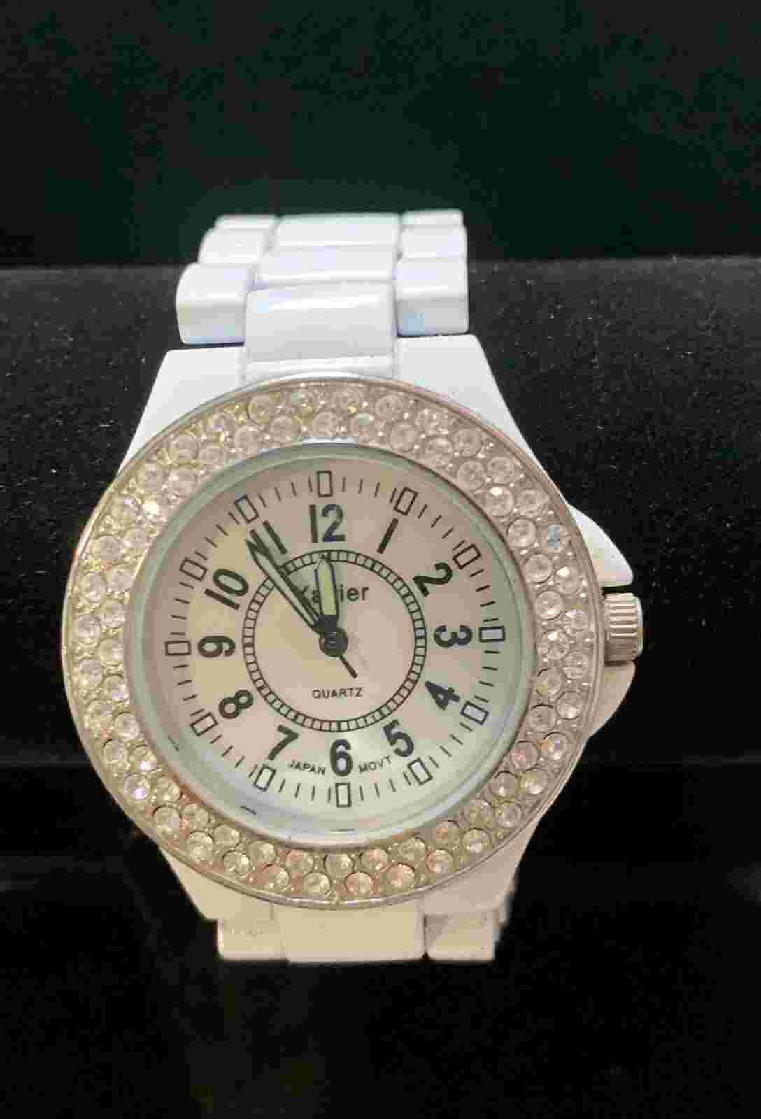 Ladies Xavier Watch Rhinestone Bezel White Metal Band Quartz New Battery
