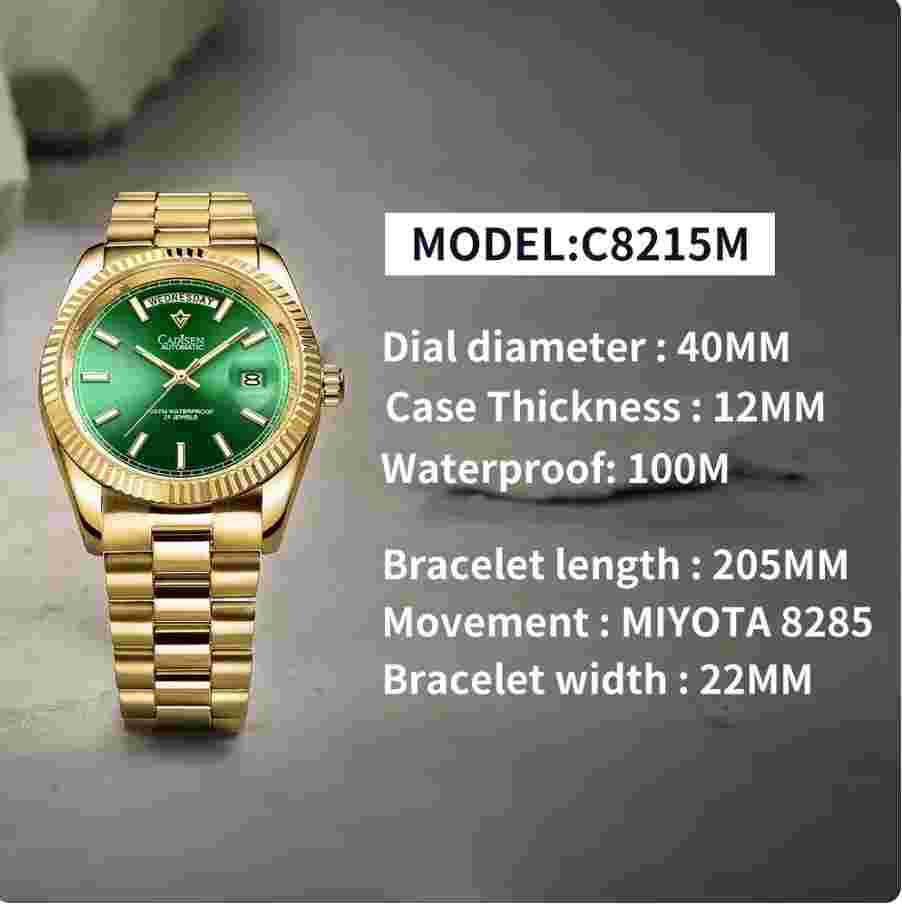 Cadisen Mens Watch Waterproof Automatic Steel Watches Day Date Watches Men