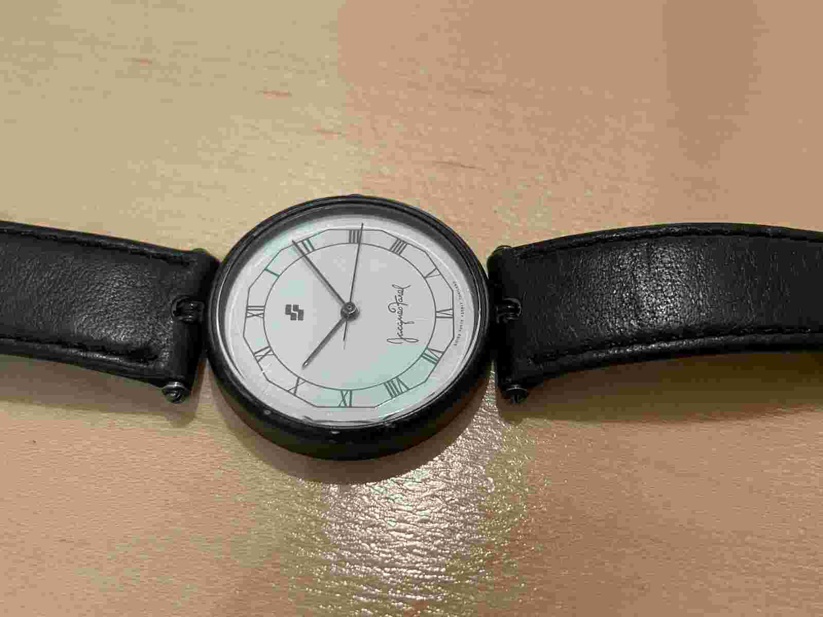 Jacques Farel Quartz Watch Mens Black with White Dial Leather Band FOR PARTS