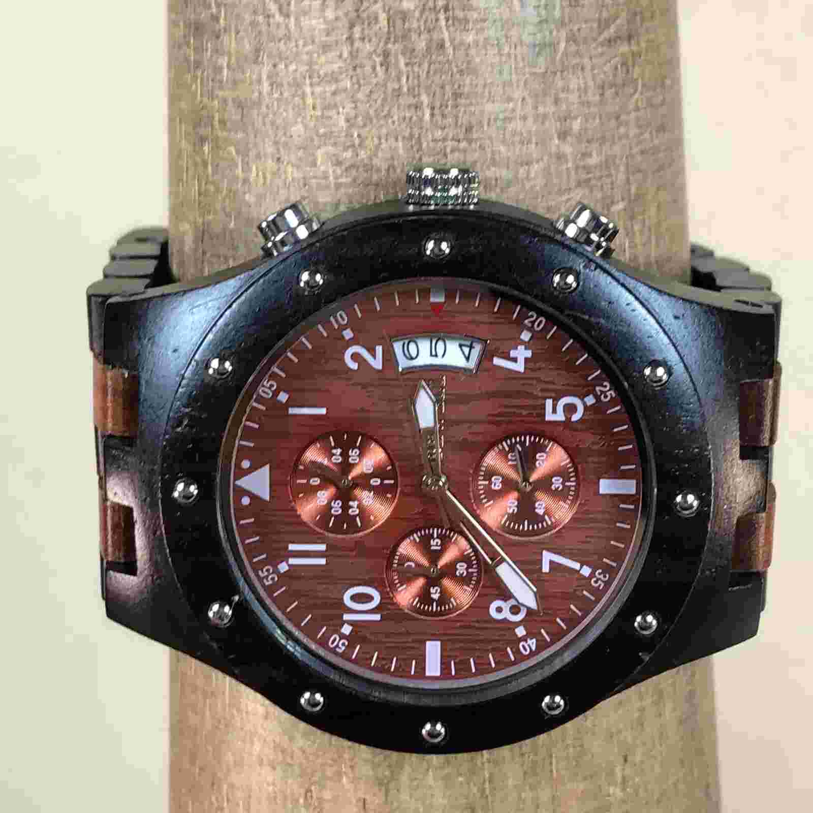 Bewell Men Red Dial Chronograph Wooden Band 46mm Quartz Analog Watch 7 1/2"