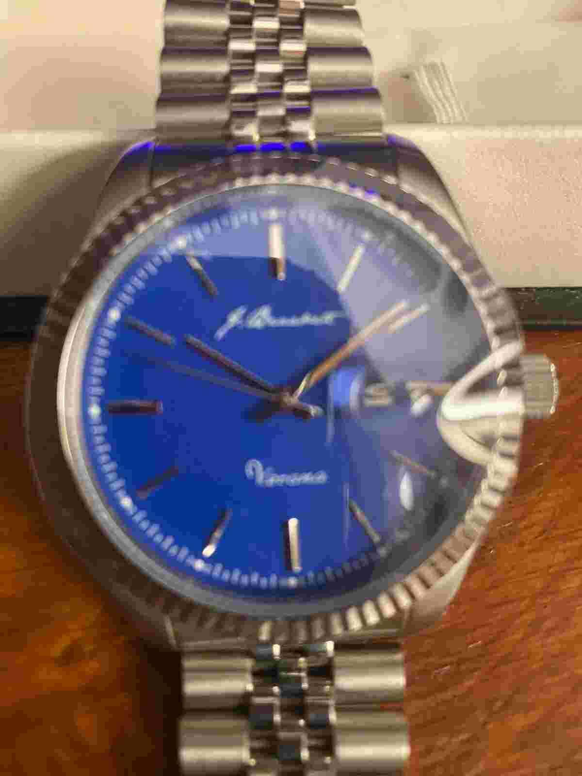 J. Bracket Verona wristwatch, model 3004 with blue dial and stainless steel band
