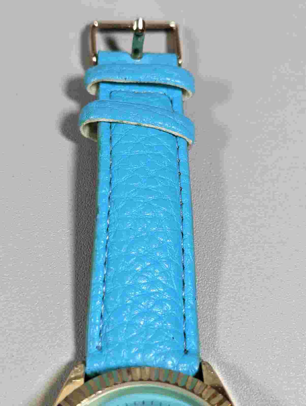 Vivani Blue Dial Round Gold Tone Case Blue Leather Band
