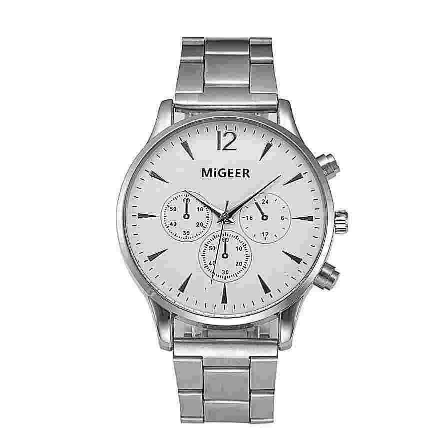 Luxury Gents Quartz Analog Watch Silver Chrome/White