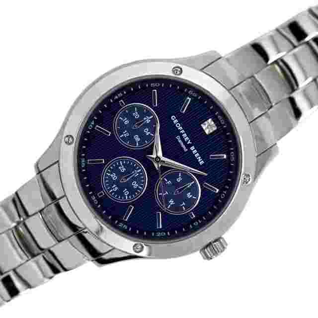 Geoffrey Beene Diamond Watch Men's Day Date Blue Linen Dial Steel