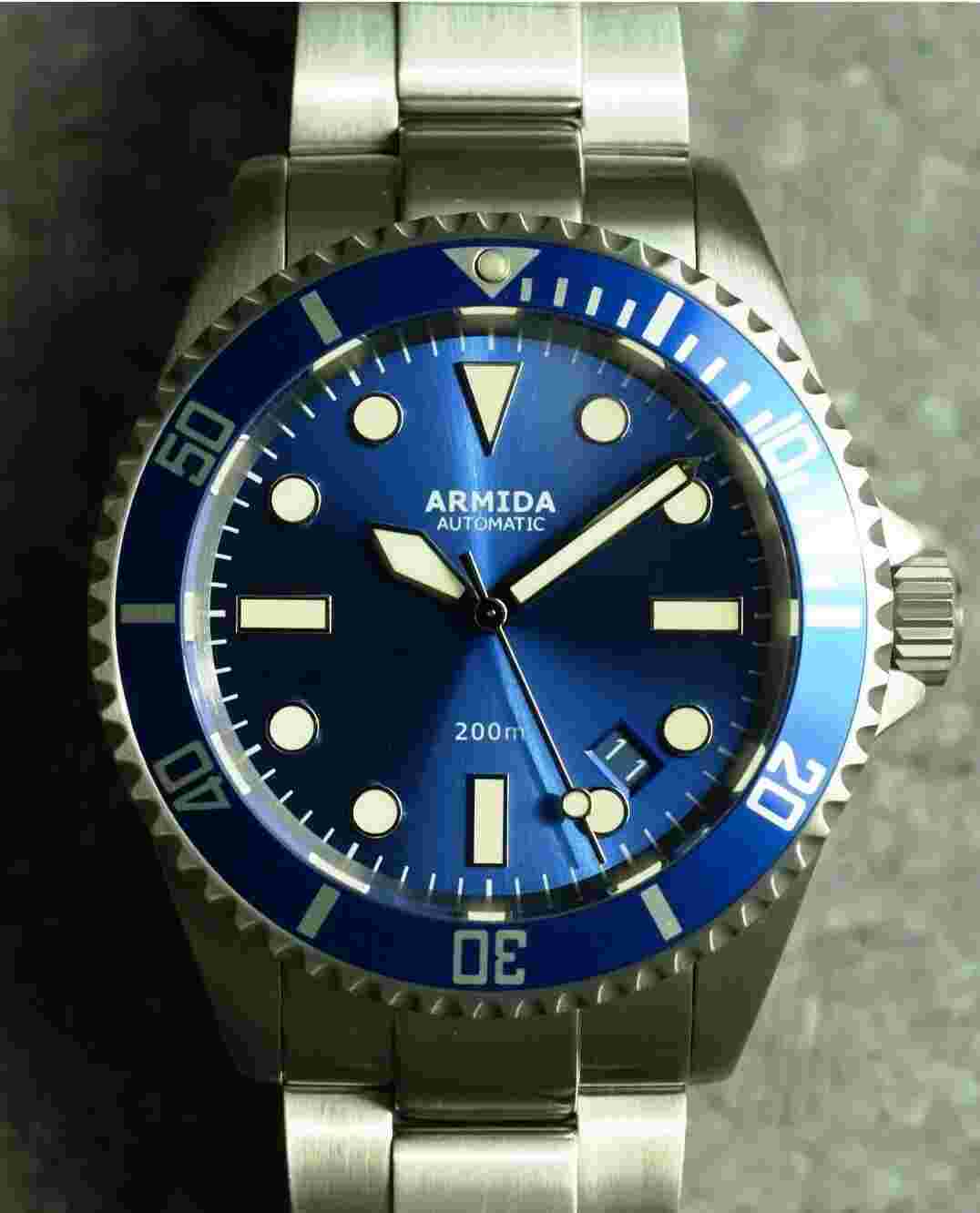 Armida A2 Dive Watch blue sunray dial brushed case  Shipped from USA