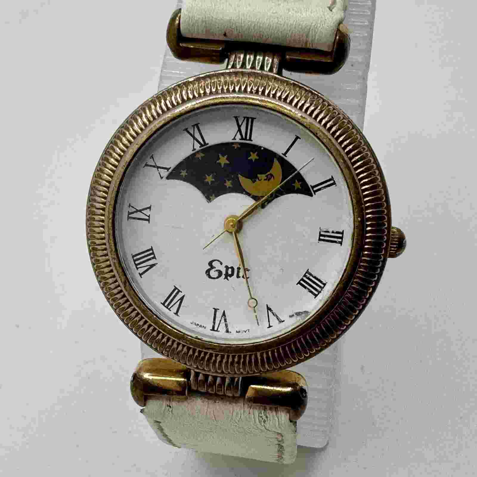 Vintage Epic Japan Quartz Watch Men Moon Phase Silver Roman Analog New Battery