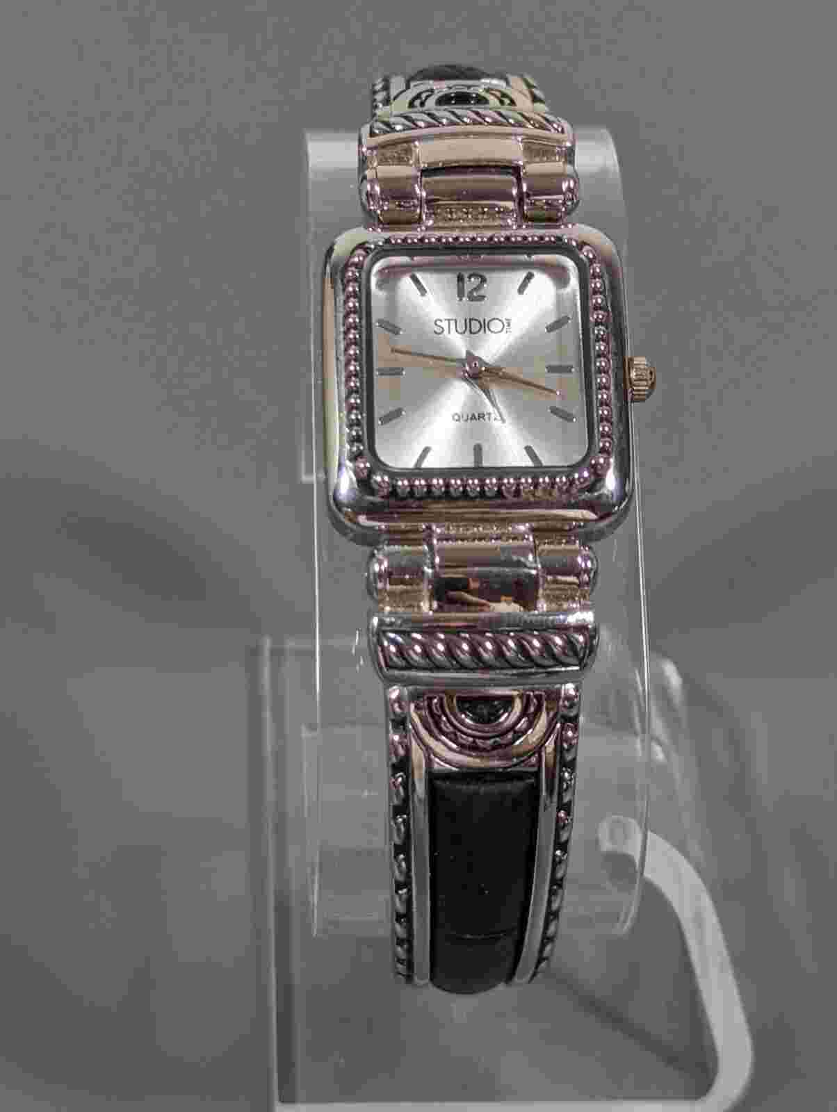 Studio Silver Tone Dial Rectangle Case Black inlay Hinge Bracelet Band Watch