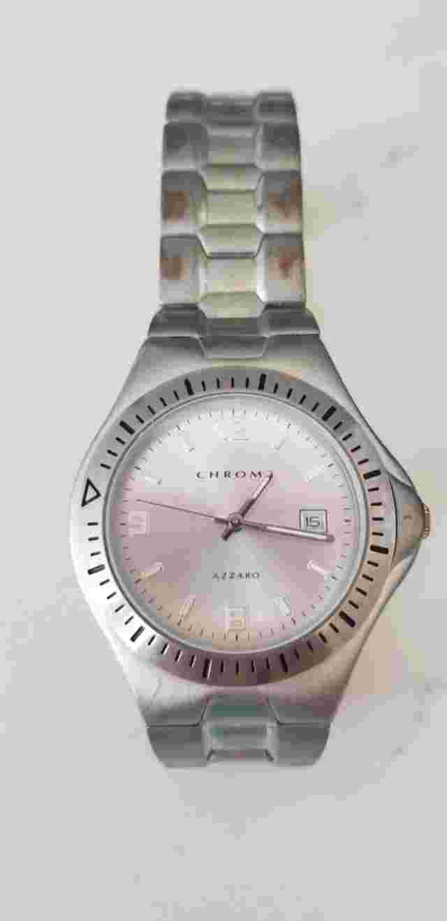 VINTAGE Chrome Azzaro Watch Mens Pearl White Dial Stainless Band NEW BATTERY