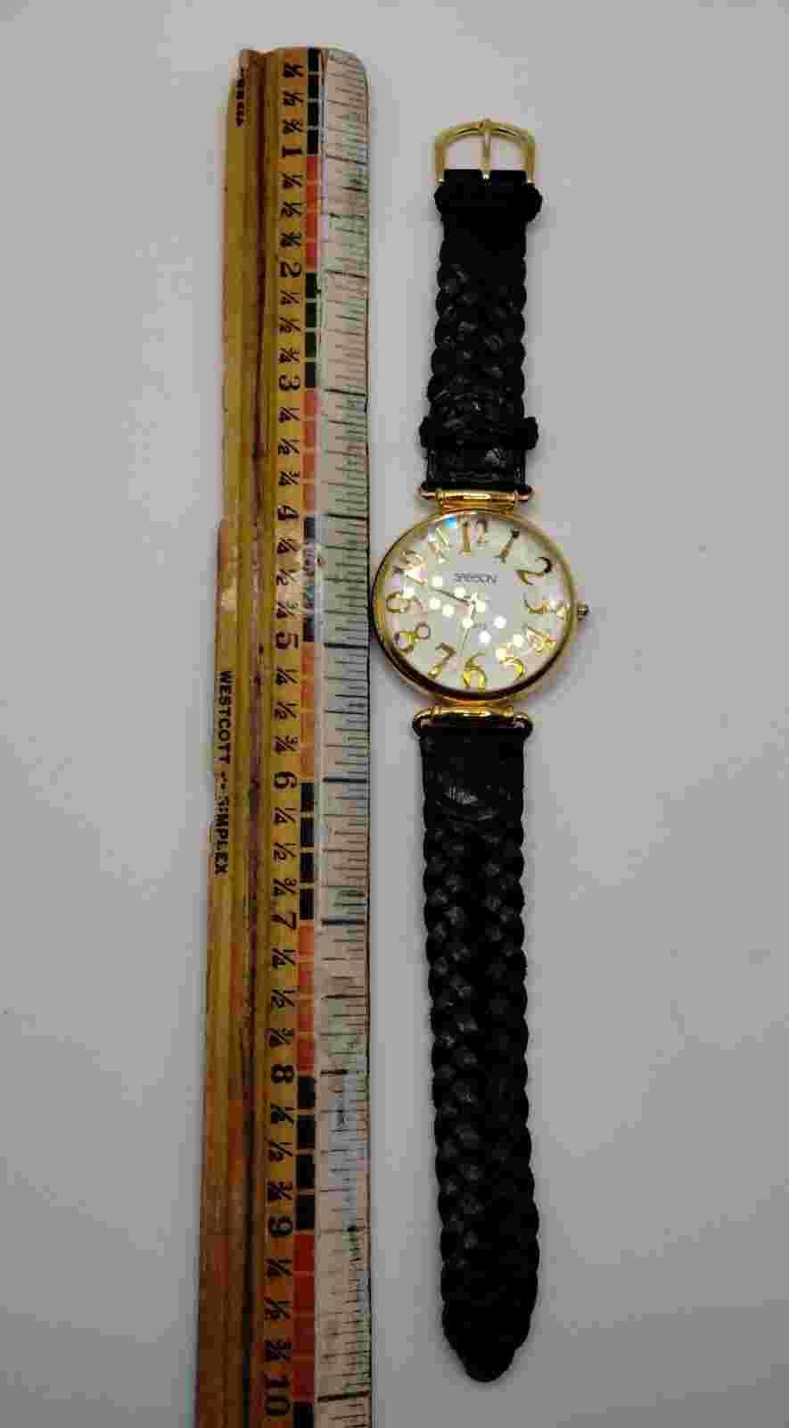 Vintage Sasson Oversized Numbers Gold Black Leather Braided Band Watch