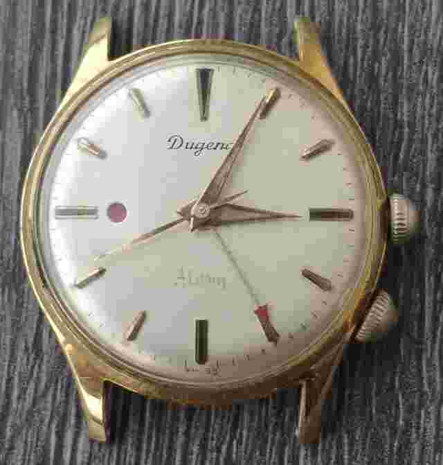 Vintage men's Dugena Alarm Cricket hand-winding watch red/green dot Venus 230