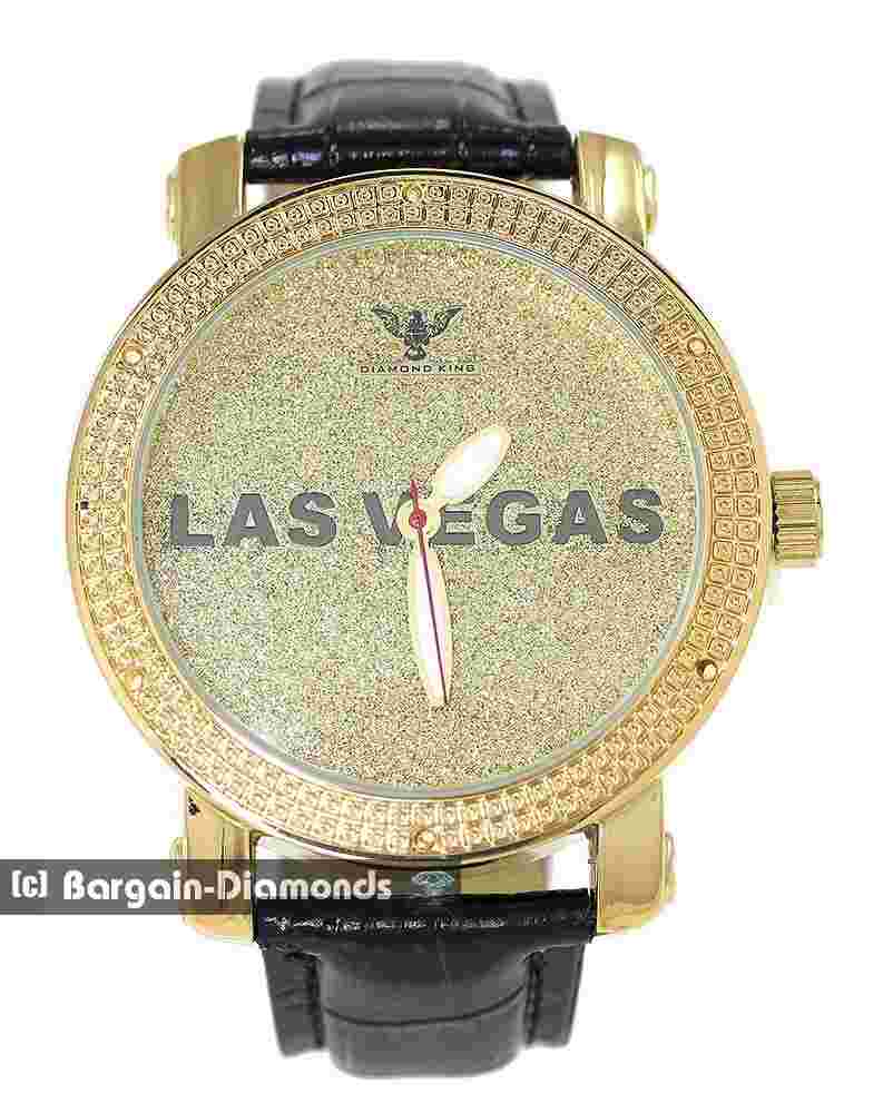 Mens LAS VEGAS Natural Diamond Gold tone Clubbing Watch Bling Dial 8.5" Leather