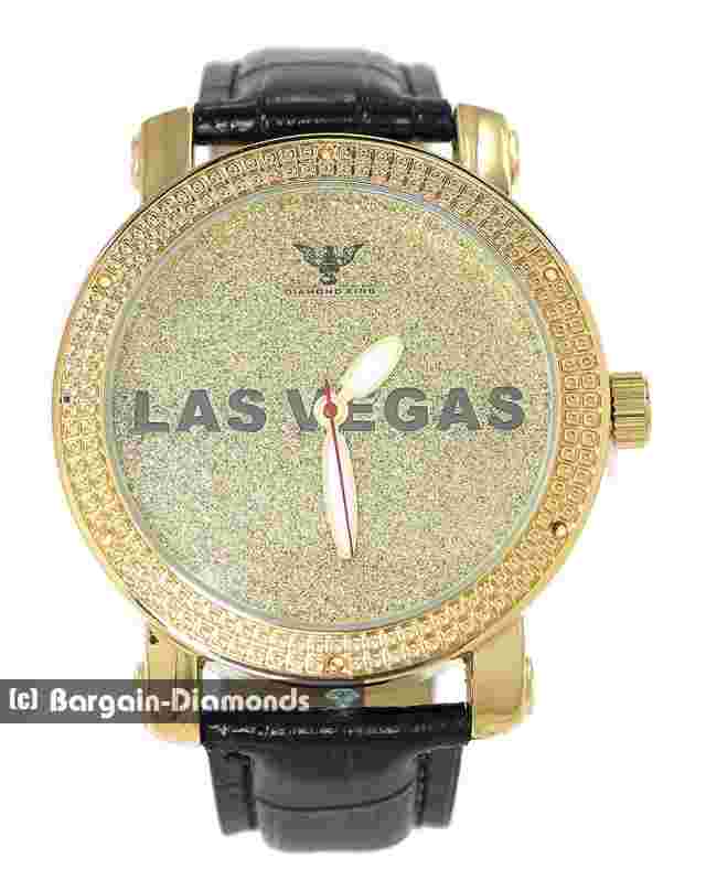 Mens LAS VEGAS Natural Diamond Gold tone Clubbing Watch Bling Dial 8.5" Leather