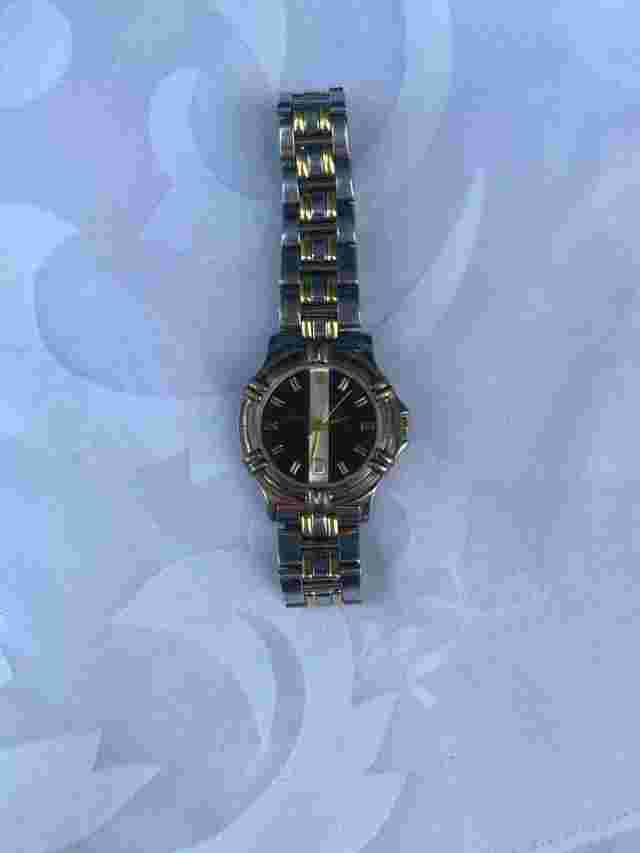 Vintage Women's Hugo Max Silver Tone & 18KT Gold Plate Watch~Black & Silver Face